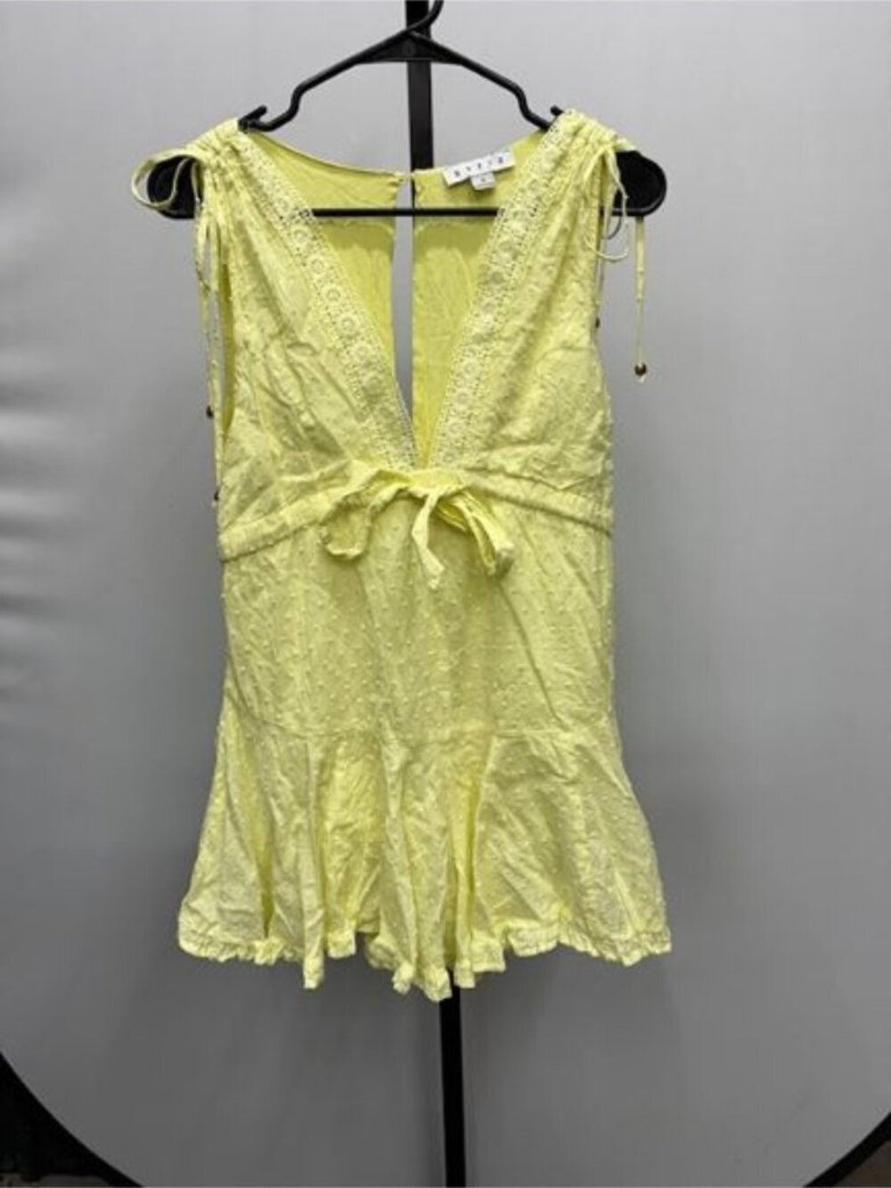 HyFve Yellow Textured Mini Romper with Tie Front and Lace Trim
